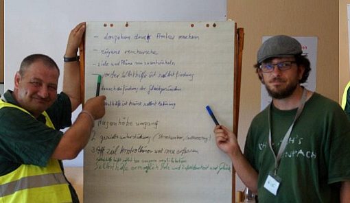 Header: Wohnungslosentreffen Freistatt 2018 - Dienstag, 24. Juli - Workshop Selbsthilfe - Hasso und David