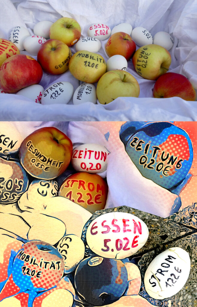 Obst-Eier-Salat, natur und verfremdet - das schmeckt praktisch keinem auf „HARTZ IV“ angewiesenen Menschen - Weltarmutstag Hannover 17. Okt. 2020