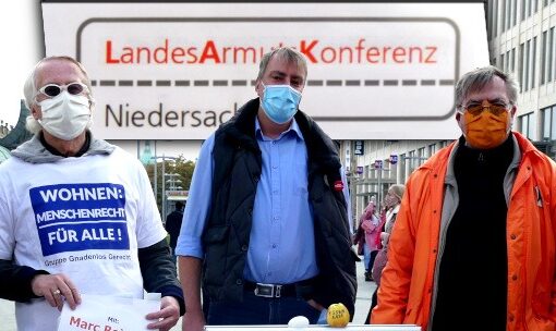 Aktionsgruppe Gnadenlos Gerecht mit Politikern im Gespräch beim Weltarmutstag in Hannover - 17.10.2020