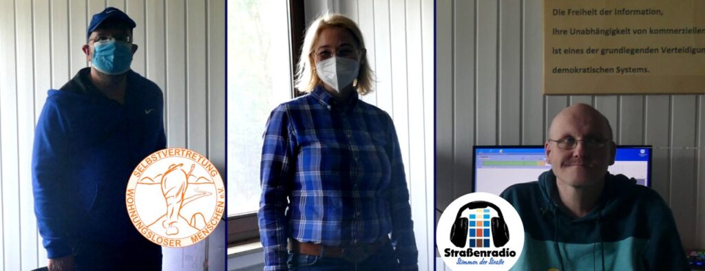 Peggy Schierenbeck-zu Besuch in Haus Wegwende bei der Selbstvertretung wohnungsloser Menschen e. V. und dem Strassenradio (links: Dirk Dymarski, Koordination SWM e. V. und Projekt Wohnungslosentreffen | rechts: Marcus Rudolph, Strassenradio)
