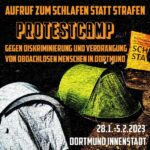 Ankündigung Protestcamp in Dortmund - Schlafen statt Strafen - Januar 2022