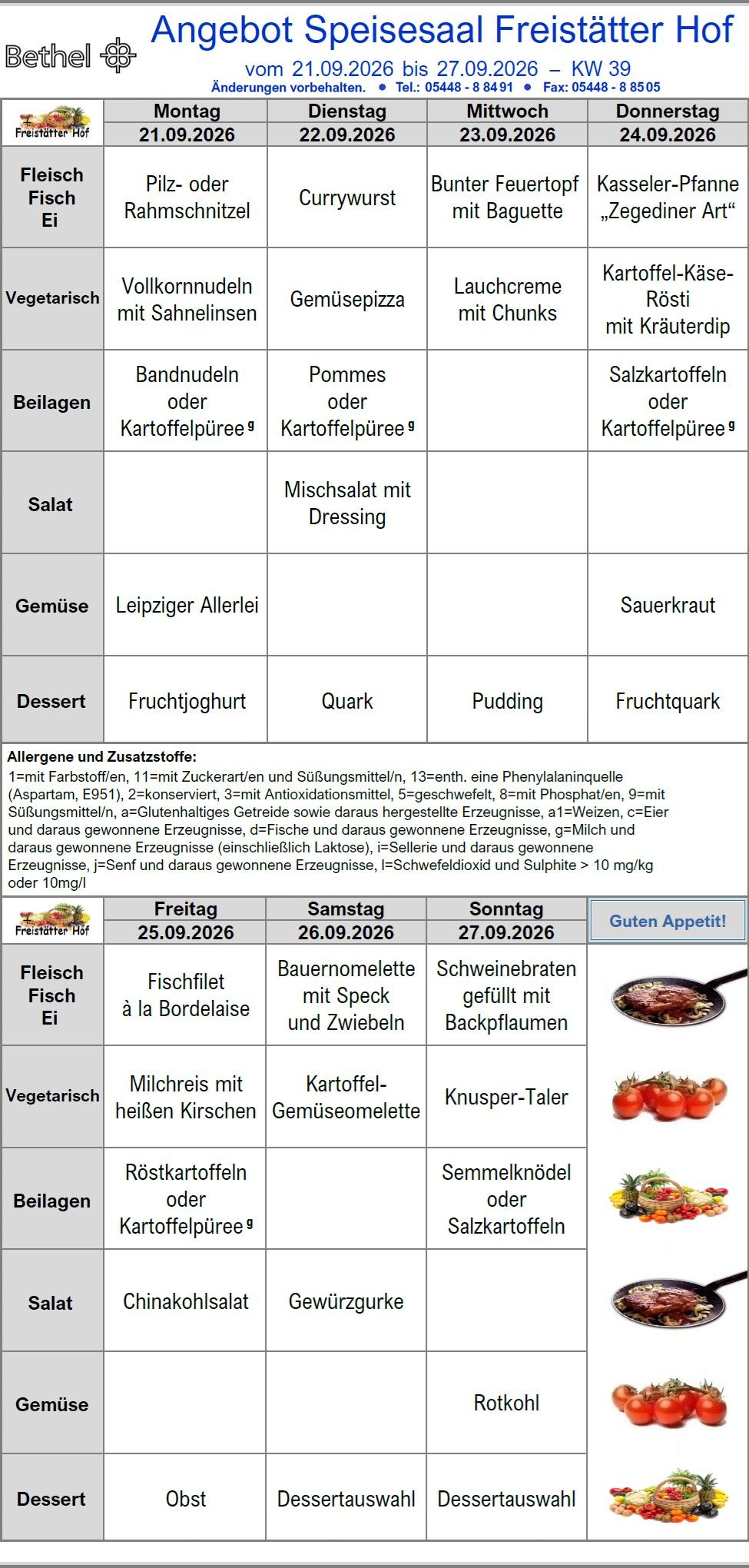 Neuester Speiseplan Hauptküche Freistätter Hof – 2026 / KW 39